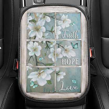 Faith Hope Love Window Flower White Seat Box Cover, Christian Car Center Console Cover, Religious Car Interior Accessories