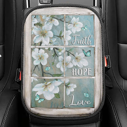 Faith Hope Love Window Flower White Seat Box Cover, Christian Car Center Console Cover, Religious Car Interior Accessories
