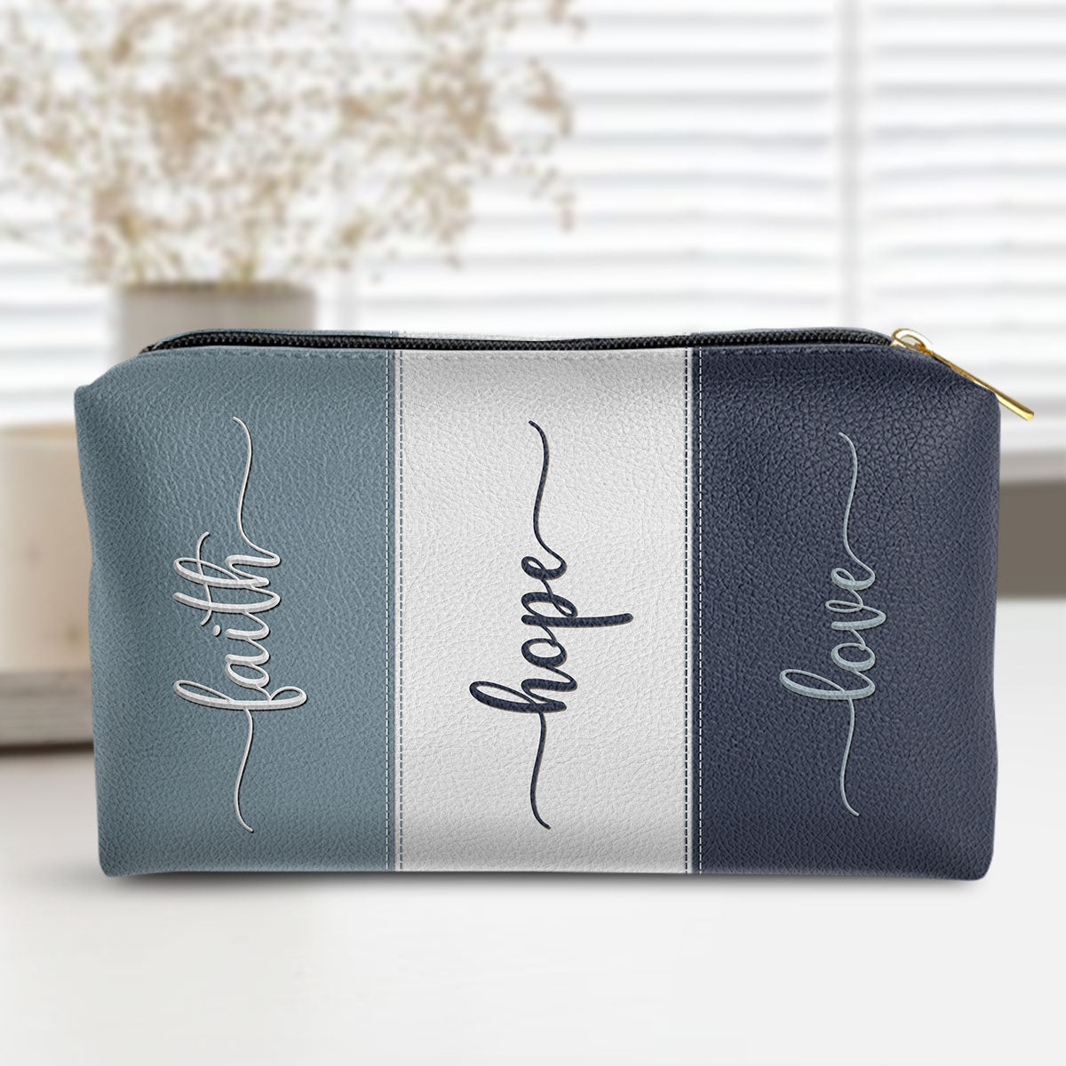 Faith Hope Love Zippered Leather Pouch - Religious Gift For Worship Friends