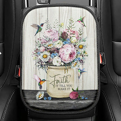 Faith It Till You Make It Hummingbird Flower Flower Seat Box Cover, Christian Car Center Console Cover, Bible Verse Car Interior Accessories