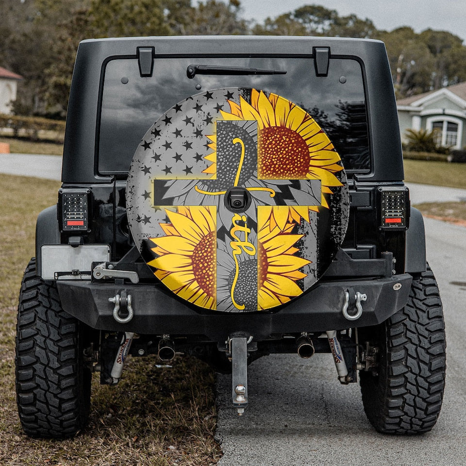 Faith Jesus Cross Sunflower American Flag Gift For Father - Spare Tire Cover For Car