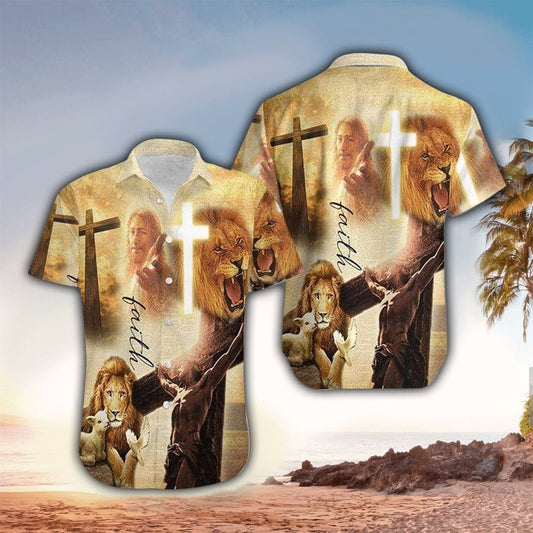 Faith Lion Lamb Jesus 3d Hawaiian Shirt - Christian Hawaiian Shirts For Men & Women