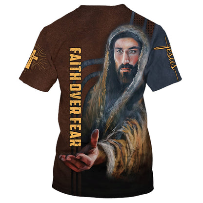 Faith Over Fear Christian Jesus Vertical Cross 3D All Over Printed Shirt for Men and Women