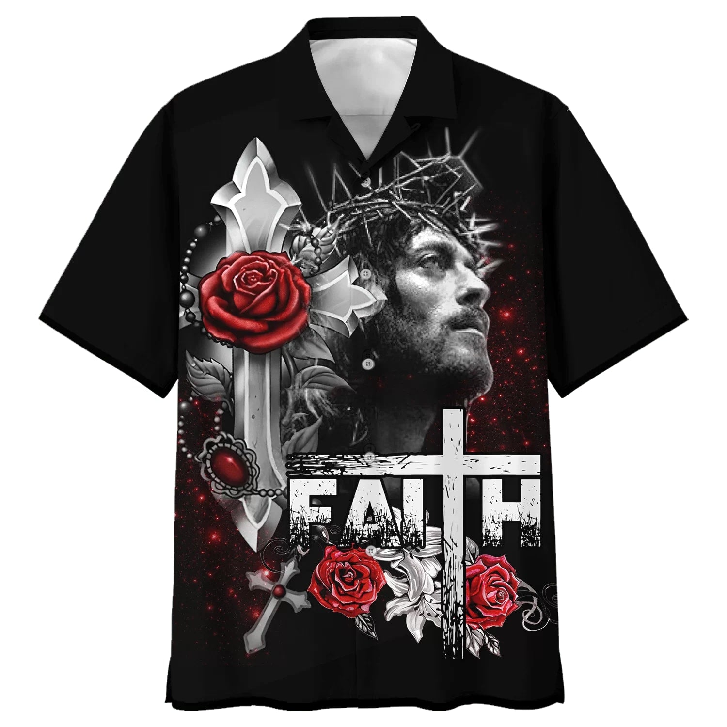 Faith Over Fear Cross With Red Roses Hawaiian Shirt - Best Hawaiian Shirts - Christian Hawaiian Shirt