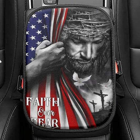 Faith Over Fear God Jesus Seat Box Cover, Christian Car Center Console Cover, Religious Car Interior Accessories