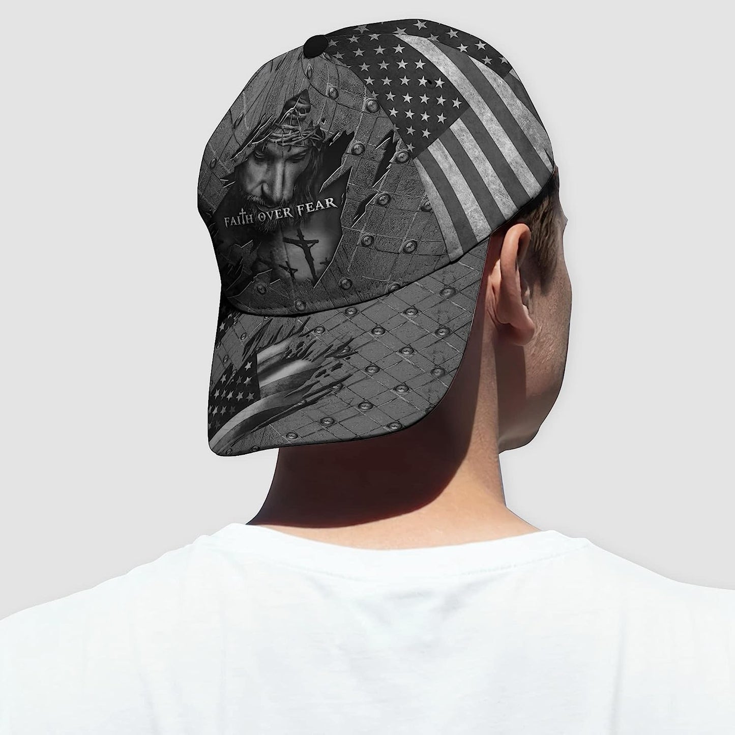 Faith Over Fear God With Cross And American Flag All Over Print Baseball Cap - Christian Hats For Men Women