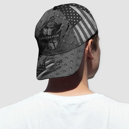 Faith Over Fear God With Cross And American Flag All Over Print Baseball Cap - Christian Hats For Men Women