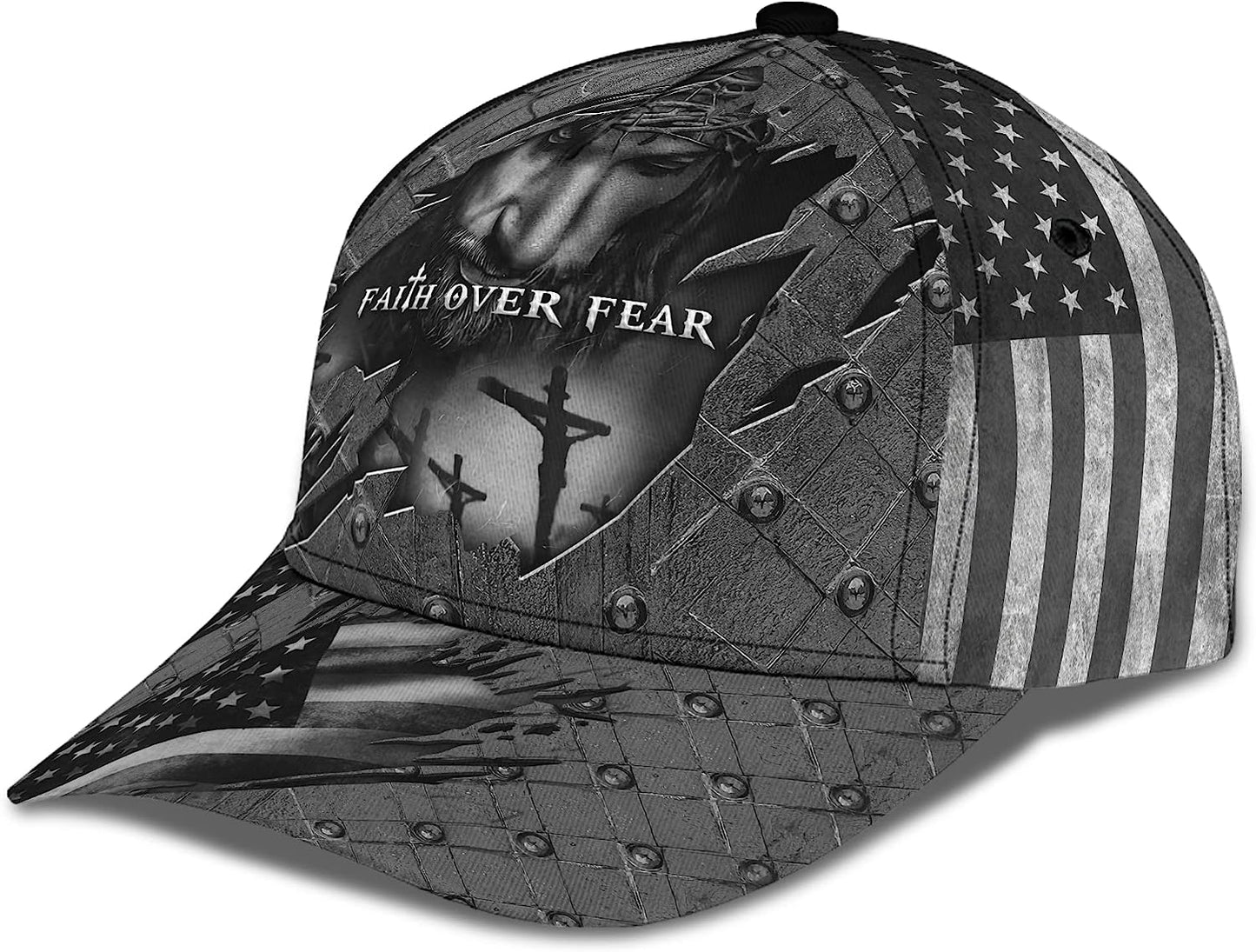 Faith Over Fear God With Cross And American Flag All Over Print Baseball Cap - Christian Hats For Men Women