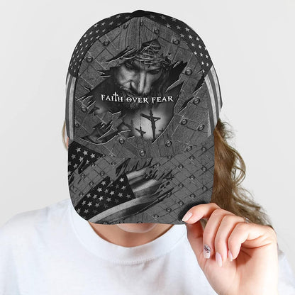 Faith Over Fear God With Cross And American Flag All Over Print Baseball Cap - Christian Hats For Men Women