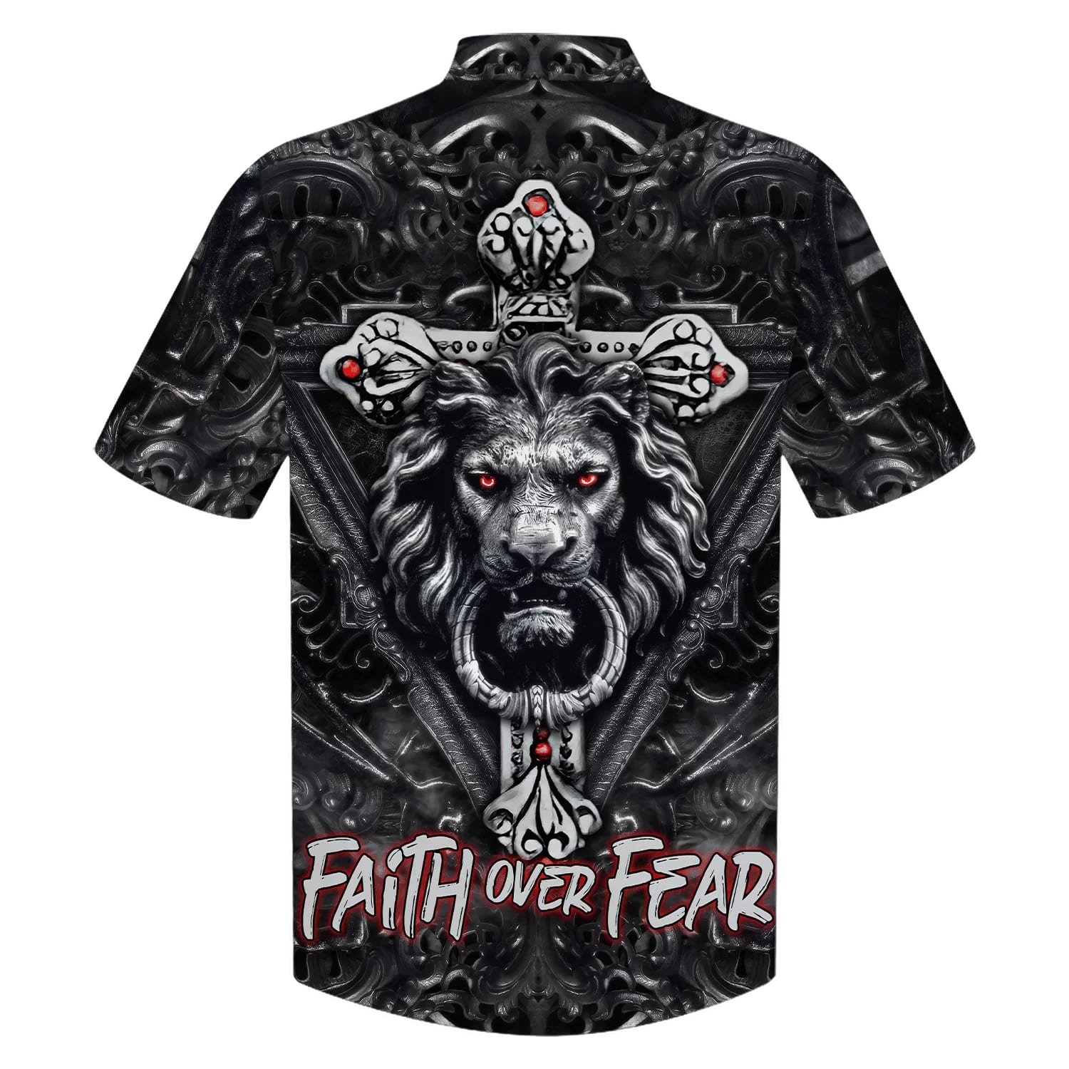 Faith Over Fear Gothic Lion Black Hawaiian Shirts - Christian Hawaiian Shirt - Hawaiian Shirts For Men
