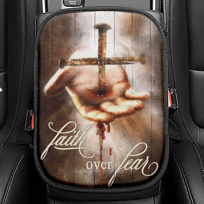 Faith Over Fear Hand Of Jesus Nail Cross Seat Box Cover, Christian Car Center Console Cover, Religious Car Interior Accessories