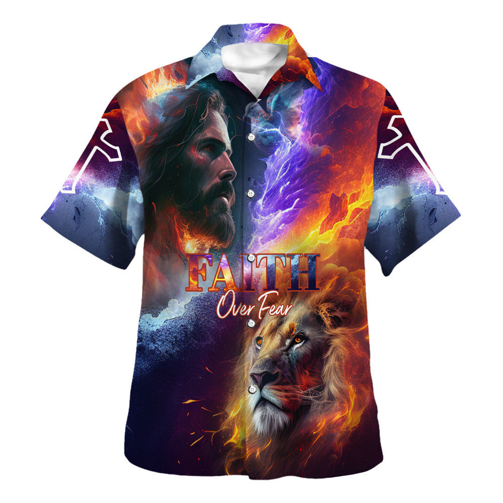 Faith Over Fear Hawaiian Shirt - Jesus Lion Of Judah Hawaiian Shirts For Men - Christian Hawaiian Shirt - Hawaiian Summer Shirts