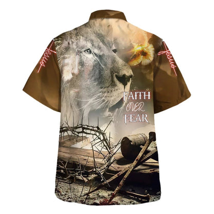 Faith Over Fear Hawaiian Shirt - Lion And Crown Of Thorns Hawaiian Shirts For Men - Christian Hawaiian Shirt - Hawaiian Summer Shirts