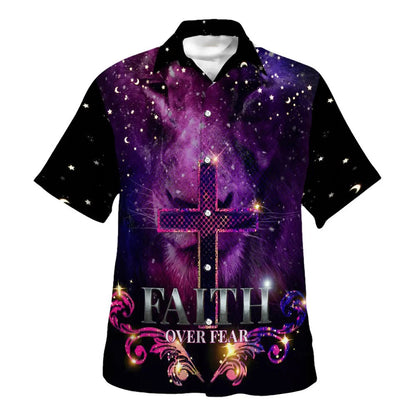 Faith Over Fear Hawaiian Shirt - The Lion Cross Hawaiian Shirts For Men - Christian Hawaiian Shirt - Hawaiian Summer Shirts