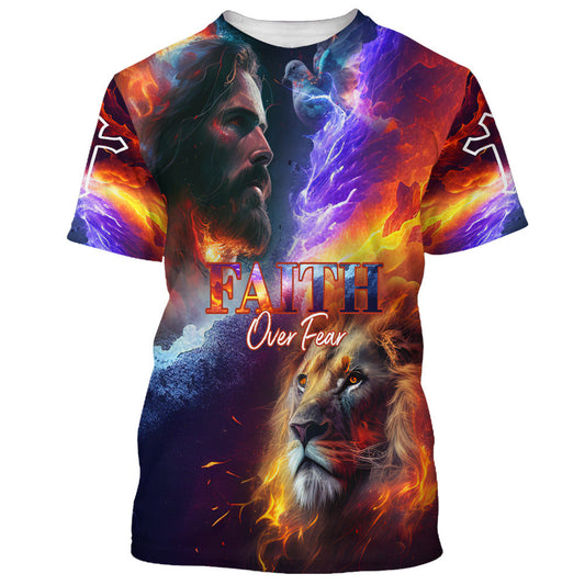 Faith Over Fear Jesus And Lion 3d All Over Print Shirt - Christian 3d Shirts For Men Women