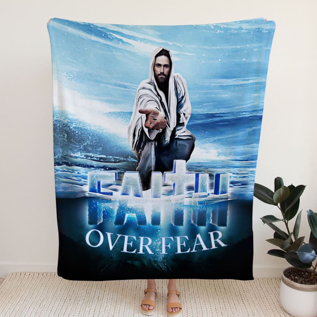 Faith Over Fear Jesus Hands Reaching Out Fleece Blanket - Christian Blanket - Bible Verse Blanket