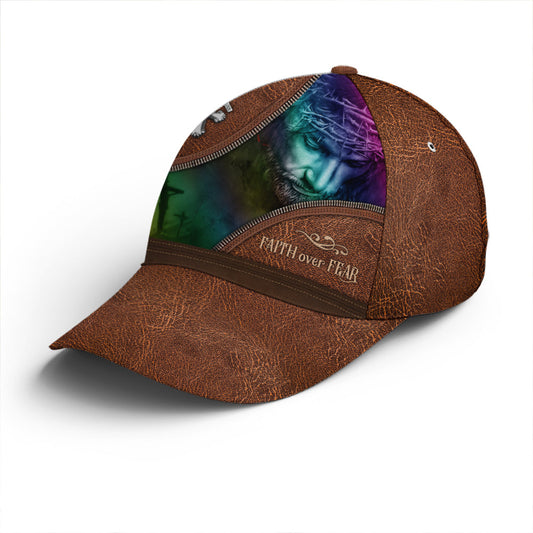 Faith Over Fear Jesus Leather Style Baseball Cap