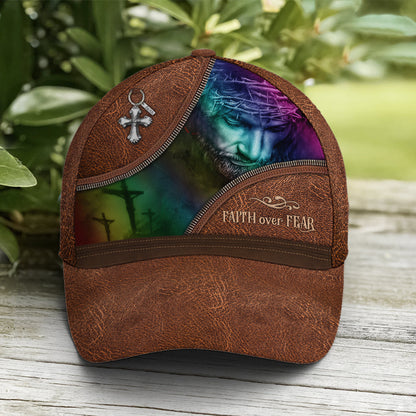Faith Over Fear Jesus Leather Style Baseball Cap