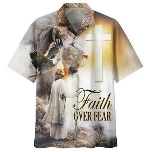Faith Over Fear Jesus Lion Hawaiin Shirt - Christian Hawaiin Shirt For Men & Women