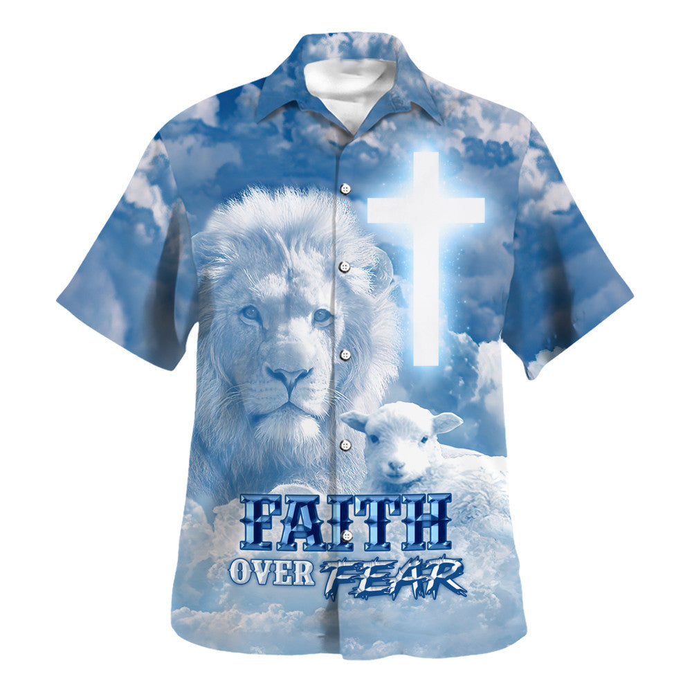 Faith Over Fear Jesus Lion Lamb Hawaiian Shirt - Christian Hawaiian Shirt - Religious Hawaiian Shirts
