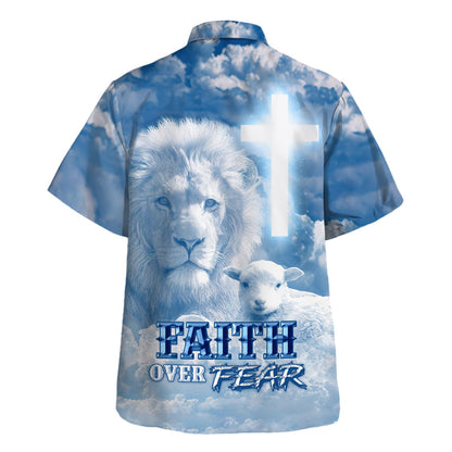 Faith Over Fear Jesus Lion Lamb Hawaiian Shirt - Christian Hawaiian Shirt - Religious Hawaiian Shirts