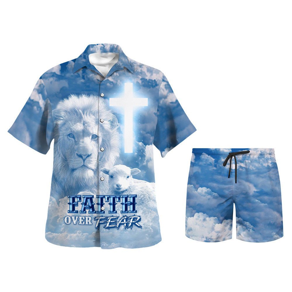 Faith Over Fear Jesus Lion Lamb Hawaiian Shirt - Christian Hawaiian Shirt - Religious Hawaiian Shirts