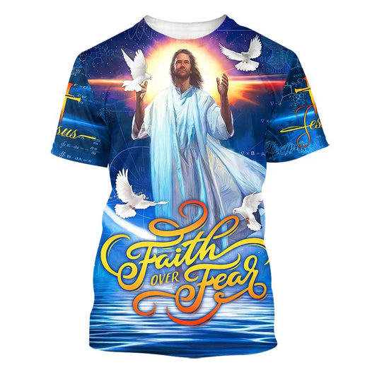 Faith Over Fear Jesus Potrait 3d All Over Print Shirt - Christian 3d Shirts For Men Women
