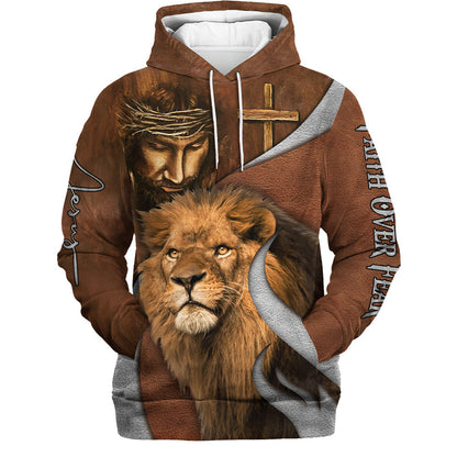 Faith Over Fear Lion And God Hoodies - Men & Women Christian Hoodie - 3D Printed Hoodie