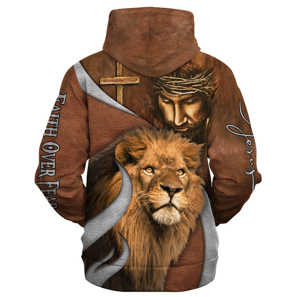 Faith Over Fear Lion And God Hoodies - Men & Women Christian Hoodie - 3D Printed Hoodie