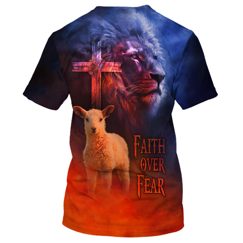 Faith Over Fear Lion And The Lamb 3d T-Shirts - Christian Shirts For Men&Women