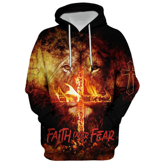 Faith Over Fear Lion Christian Cross Hoodies - Men & Women Christian Hoodie - 3D Printed Hoodie