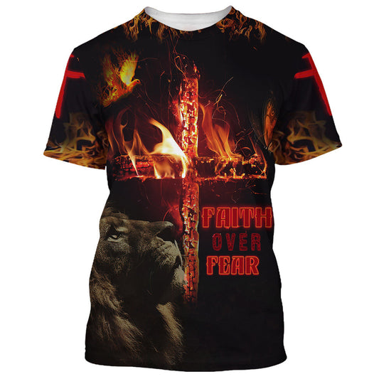Faith Over Fear Lion Cross 3d All Over Print Shirt - Christian 3d Shirts For Men Women