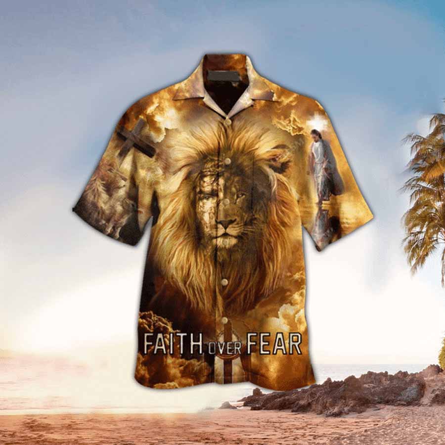 Faith Over Fear Lion Hawaiin Shirt - Christian Hawaiin Shirt For Men & Women