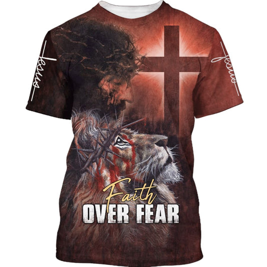 Faith Over Fear Lion Jesus 3d Shirts - Christian T Shirts For Men And Women