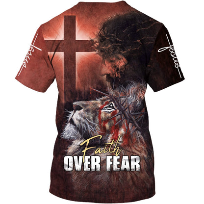 Faith Over Fear Lion Jesus 3d Shirts - Christian T Shirts For Men And Women