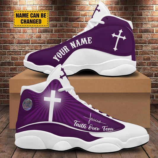 Faith Over Fear Personalized Purple Jesus Basketball Shoes For Men Women - Christian Shoes - Jesus Shoes - Unisex Basketball Shoes
