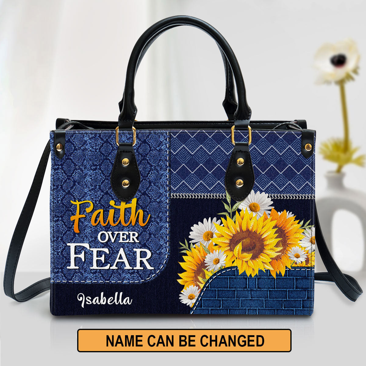 Faith Over Fear Personalized Sunflower Leather Handbag With Long Strap Christ Religious Gifts For Women Of God