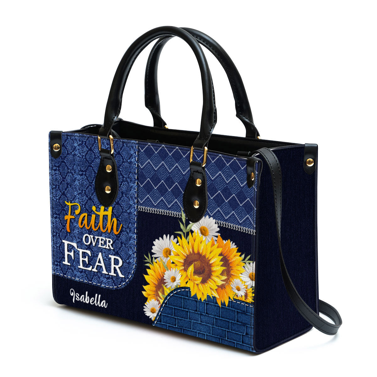 Faith Over Fear Personalized Sunflower Leather Handbag With Long Strap Christ Religious Gifts For Women Of God