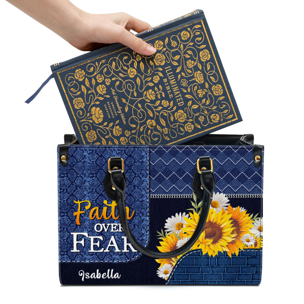 Faith Over Fear Personalized Sunflower Leather Handbag With Long Strap Christ Religious Gifts For Women Of God