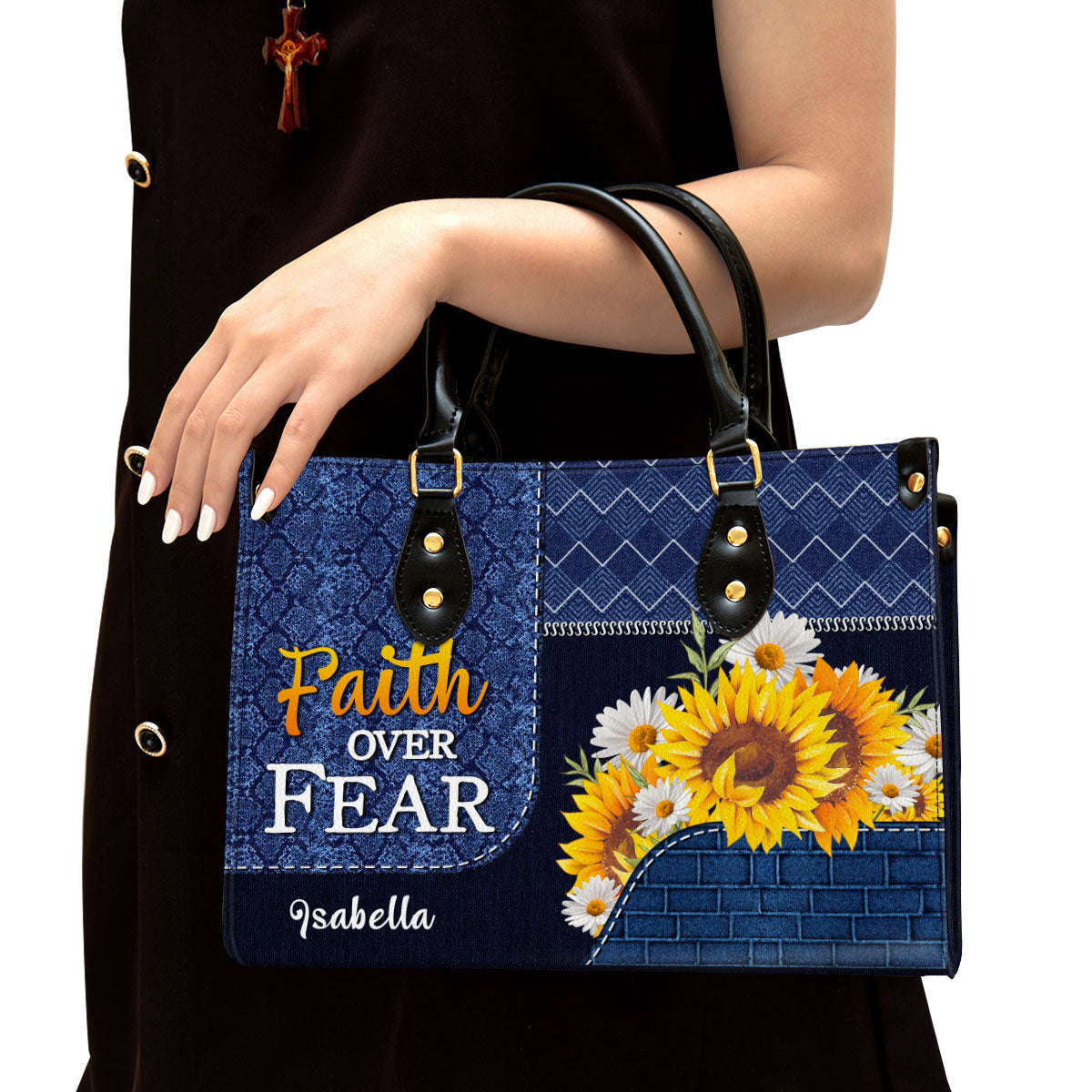 Faith Over Fear Personalized Sunflower Leather Handbag With Long Strap Christ Religious Gifts For Women Of God
