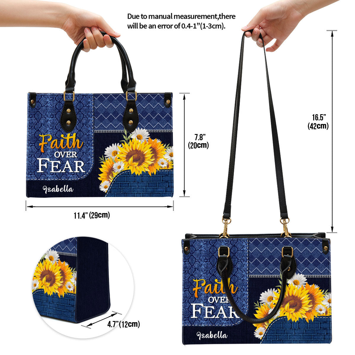 Faith Over Fear Personalized Sunflower Leather Handbag With Long Strap Christ Religious Gifts For Women Of God