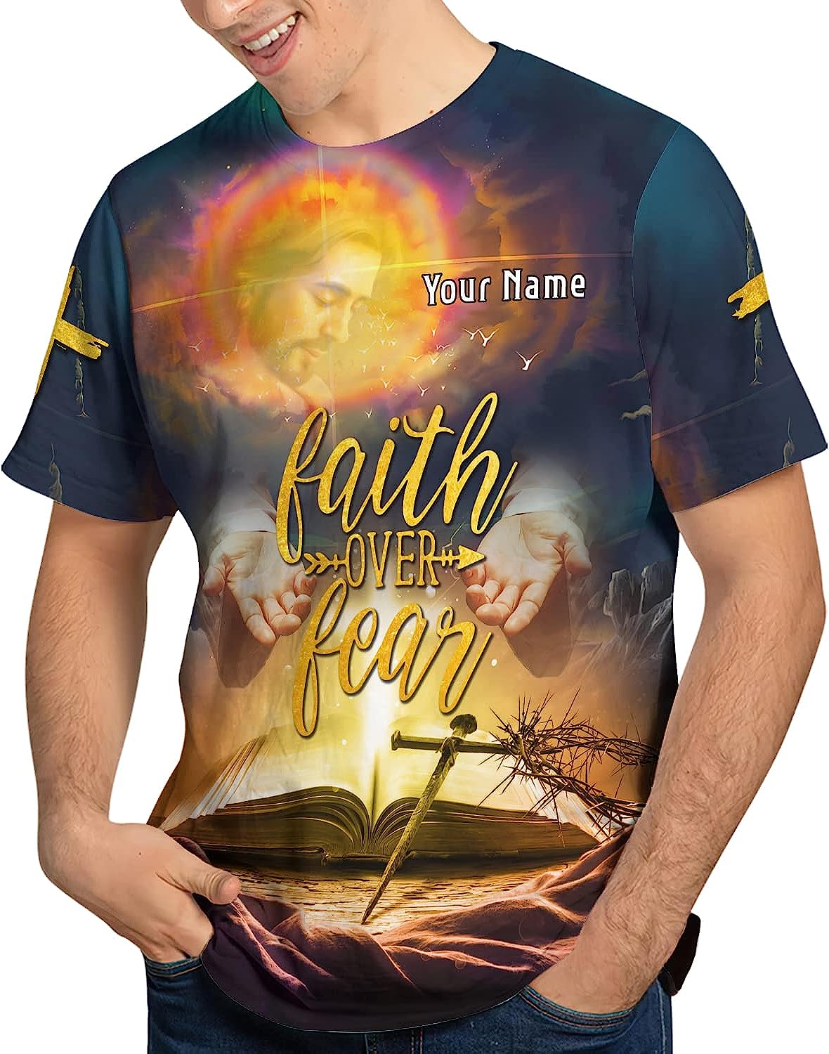Faith Over Fear Religious God Custom Text All Over Printed 3D T Shirt - Christian Shirts for Men Women