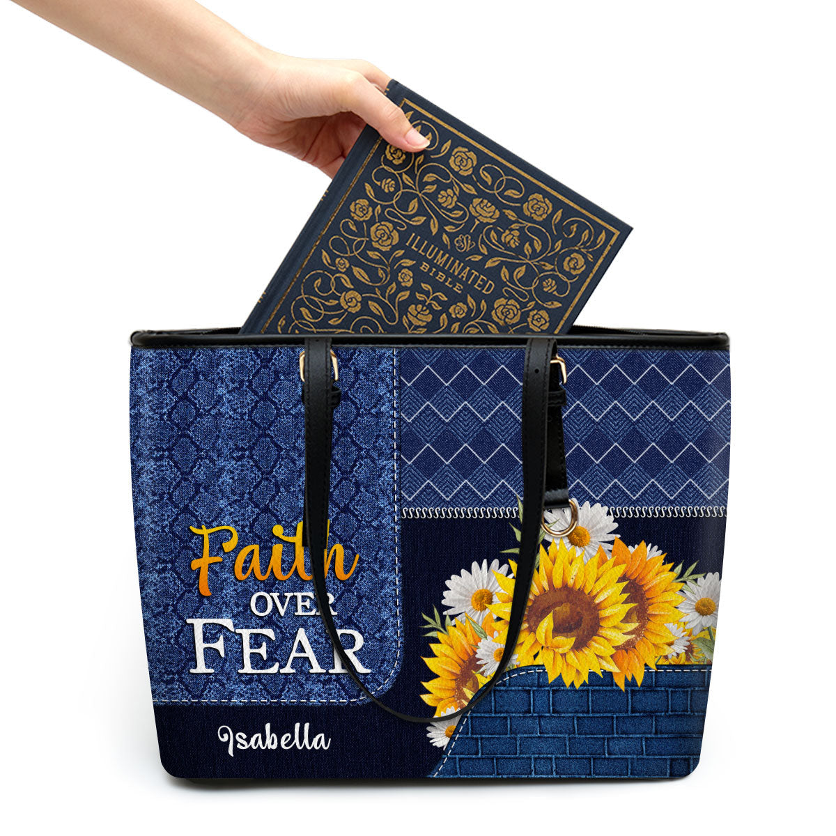 Faith Over Fear Sunflower Personalized Large Leather Tote Bag - Christian Gifts For Women