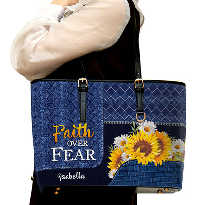 Faith Over Fear Sunflower Personalized Large Leather Tote Bag - Christian Gifts For Women