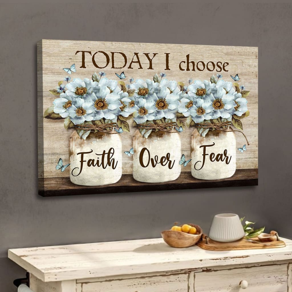Faith Over Fear Wall Art Canvas, White Daisy Flowers, Christian Wall Decor - Religious Wall Decor