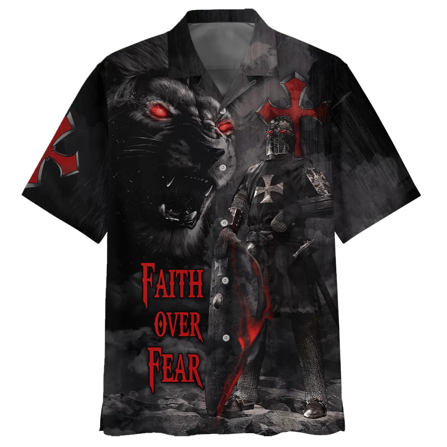 Faith Over Fear Warrior Of Christ Lion Cross Hawaiian Shirts - Christian Hawaiian Shirt - Hawaiian Shirts For Men