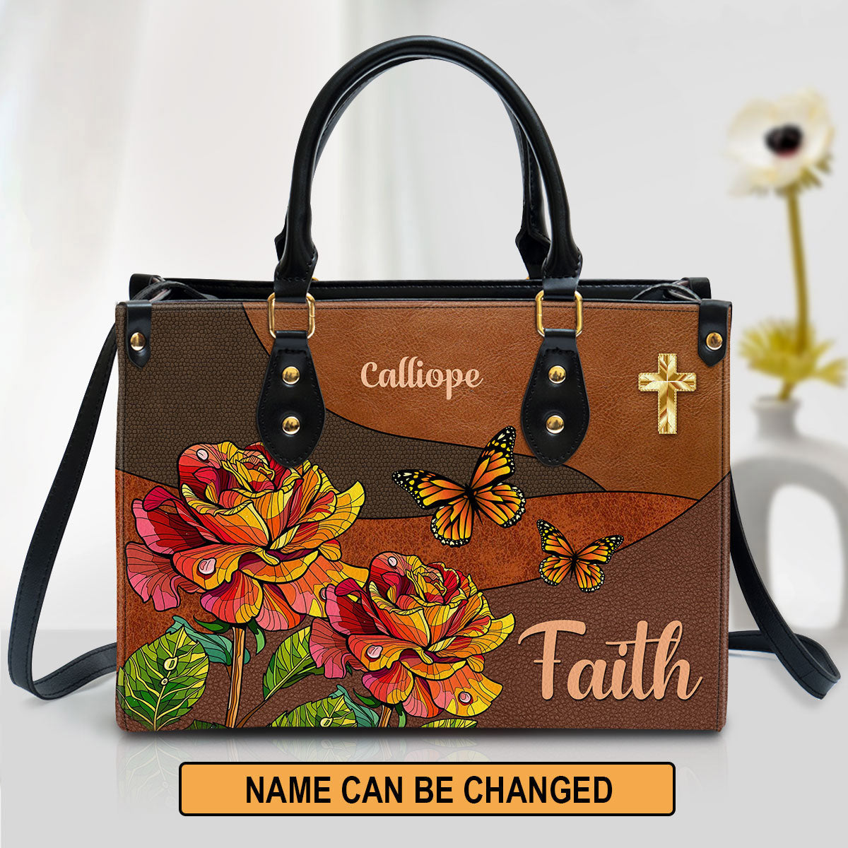 Faith Rose & Butterfly Leather Bag - Personalized Leather Bag With Handle for Christian Women
