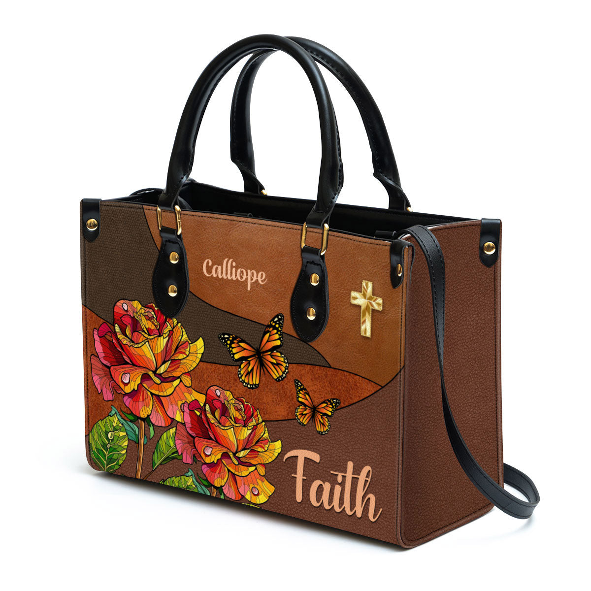 Faith Rose & Butterfly Leather Bag - Personalized Leather Bag With Handle for Christian Women