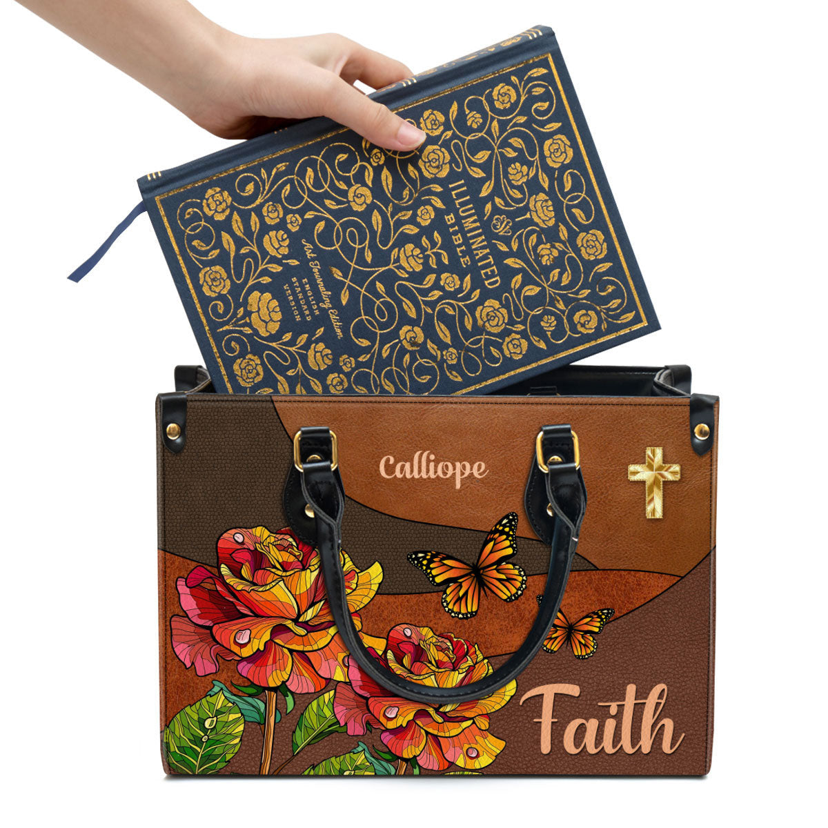 Faith Rose & Butterfly Leather Bag - Personalized Leather Bag With Handle for Christian Women