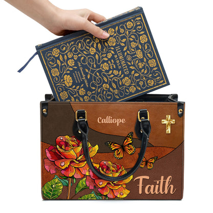 Faith Rose & Butterfly Leather Bag - Personalized Leather Bag With Handle for Christian Women